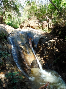 Sliding down the "waterfall"
